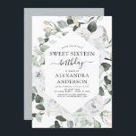 Sweet sixteen Eucalyptus Invitation de fête d'anni<br><div class="desc">Roses floraux blancs et Eucalyptus Botanical Greenery Aquarelle Printemps ou Sweet sixteen d'été Invitations fête d'anniversaire - comprend belle et élégante typographie script avec des fleurs botaniques modernes et la verdure pour la fête spéciale sucrée 16.</div>