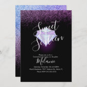 Sweet Sixteen Faux Diamond Gem Paarse Uitnodiging (Voorkant / Achterkant)