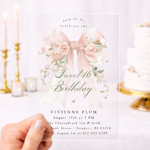 Sweet Sixteen Feest Roze Coquette Strik Roos Bloem Acryl Uitnodigingen