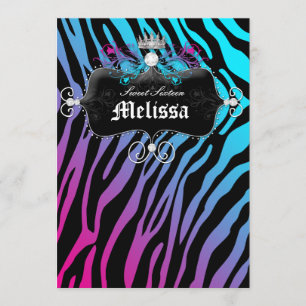 Sweet Sixteen Feest Uitnodiging Zebra Blauw Roze S