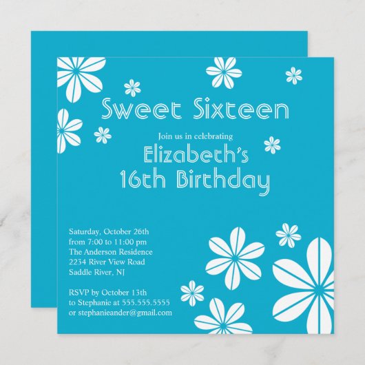 Sweet sixteen Fleurs Modes Invitation Anniversaire (Devant / Derrière)