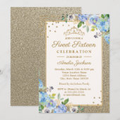 Sweet sixteen floral bleu or  Invitation (Devant / Derrière)