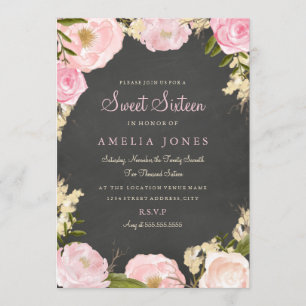 Sweet Sixteen Floral Roos Krans Krijtbord Uitnodig Kaart