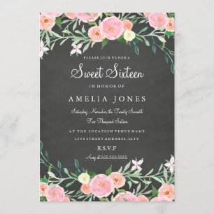 Sweet Sixteen Flower Chalkboard Pink Invite Kaart