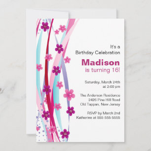 Sweet Sixteen Foral Ribbons Birthday Invite Kaart