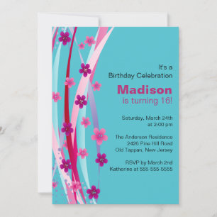 Sweet Sixteen Foral Ribbons Birthday Invite Kaart