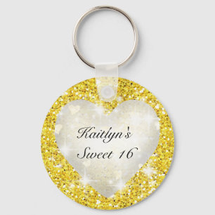 Sweet Sixteen, Goud Glitter, Hart, Feest Favor Sleutelhanger