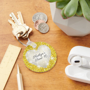 Sweet Sixteen, Goud Glitter, Hart, Feest Favor Sleutelhanger