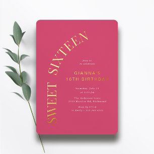 Sweet Sixteen   Hot Pink en Gold 16e verjaardag Folie Uitnodiging