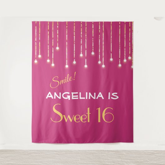 Sweet Sixteen Hot Pink Gold Photo Booth Backdrop Wandkleed (Voorkant)