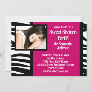Sweet Sixteen, Hot Roze Zebra Fotouitnodiging Kaart