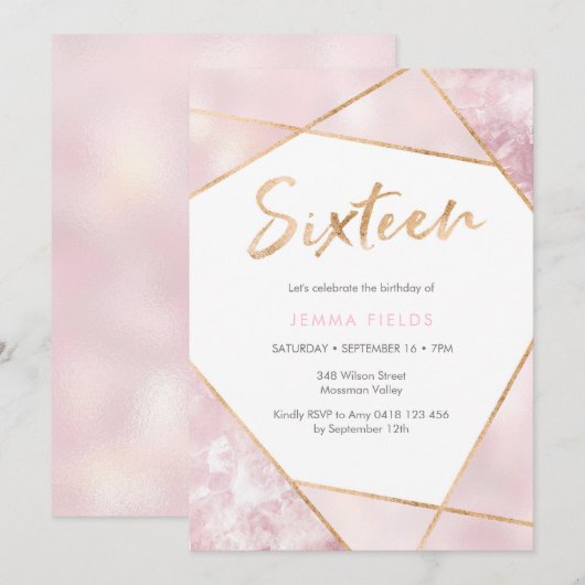 Sweet sixteen Invitation Anniversaire rose et or (Devant / Derrière)