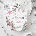 Sweet sixteen Invitation d'anniversaire, Rose d'hi<br><div class="desc">Invitations d'anniversaire sweet sixteen avec des flocons de neige roses et argentés et des pins. Idéal pour votre 16ème anniversaire d'hiver.</div>