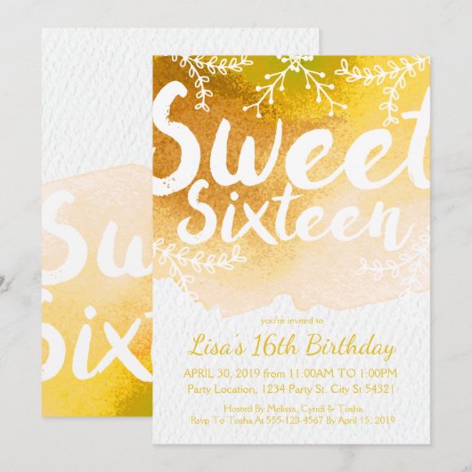 Sweet sixteen, Invitations d'aquarelle jaune (Devant / Derrière)