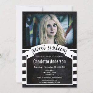 Sweet Sixteen Krijtbord Zwart Witte Strepen Foto Kaart