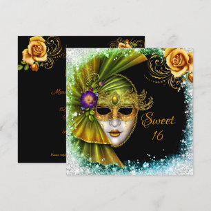 Sweet Sixteen Masquerade Mardi Gras Gold Green Kaart