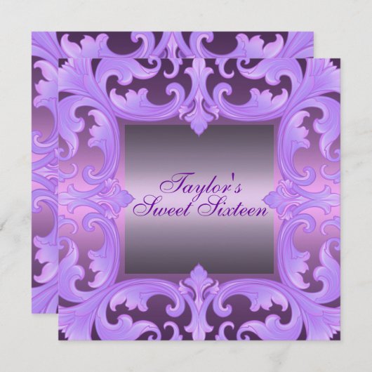 Sweet sixteen mauve Damask Design Invitation d'ann (Devant / Derrière)