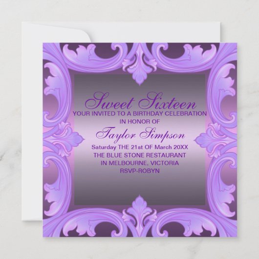 Sweet sixteen mauve Damask Design Invitation d'ann (Dos)
