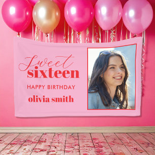 Sweet Sixteen Modern Pink Red 16th Birthday Photo Spandoek