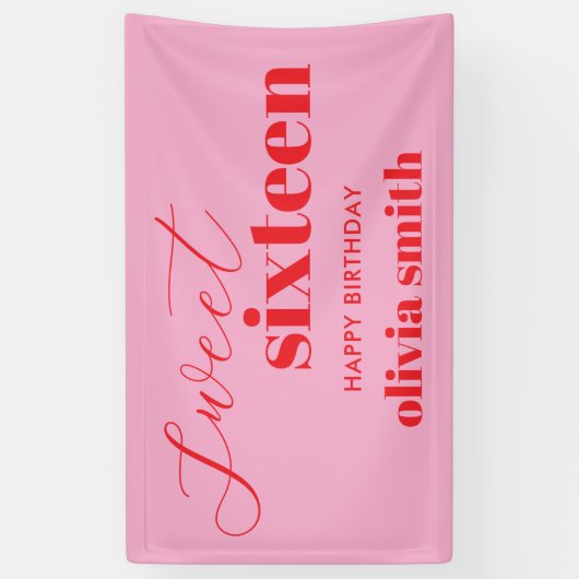 Sweet Sixteen Modern Roze Rood 16e Verjaardag Spandoek (Verticaal)