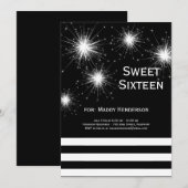 Sweet sixteen noir et blanc Fireworks Invitation (Devant / Derrière)