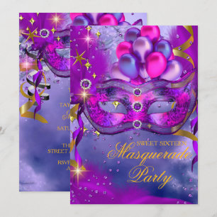 Sweet Sixteen Paarse Gold Blue Masquerade Party Kaart