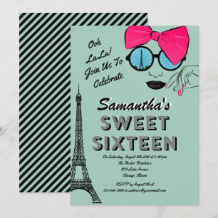 Sweet sixteen Paris Thème Anniversaire Carte d'inv