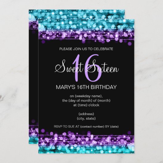 Sweet Sixteen-partijlampjes Turquoise & Paars Kaart (Voorkant / Achterkant)