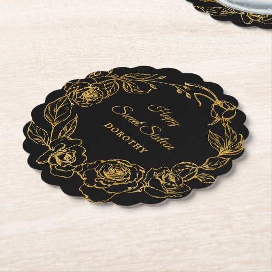 Sweet Sixteen Party Luxe Goud Roos Bloemen Zwart Kartonnen Onderzetters (Gekanteld)