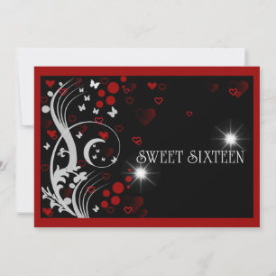 Sweet Sixteen Red Black Sparkle Butterflies Kaart