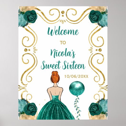 Sweet Sixteen Red Hair Princess Blauwgroen Blauw W Poster (Voorkant)