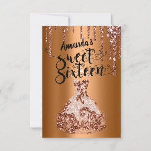 Sweet Sixteen Roos Floral Dress Glitter Drip Bronz Kaart