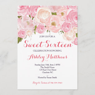 Sweet sixteen rose Floral Invitation d'anniversair