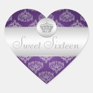 Sweet Sixteen Royal Crown Paars Hart Sticker