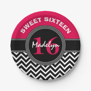 Sweet Sixteen roze monogram Chevron Papieren Bordje