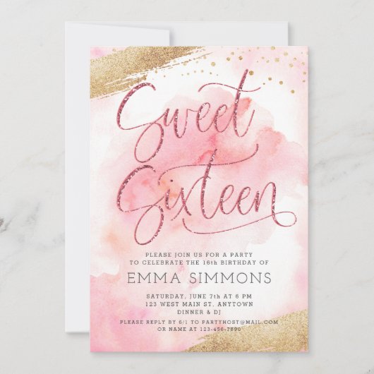 Sweet Sixteen roze Waterverf Glitter Birthday Kaart (Voorkant)