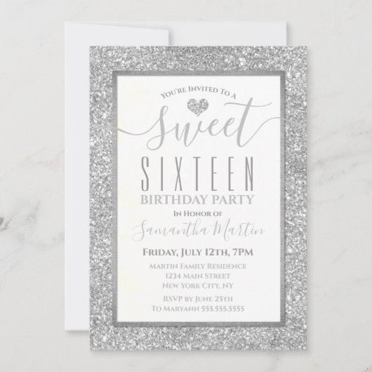 Sweet Sixteen Silver Faux Glitter Heart Birthday Kaart (Voorkant)