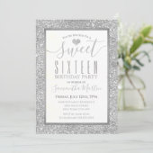 Sweet Sixteen Silver Faux Glitter Heart Birthday Kaart (Staand voorkant)