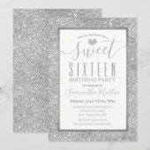 Sweet Sixteen Silver Faux Glitter Heart Birthday Kaart (Voorkant / Achterkant)