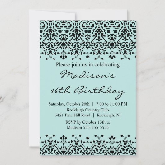 Sweet sixteen Sky Blue Damask Invitation d'anniver (Devant)