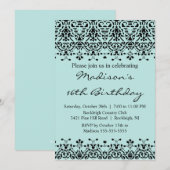 Sweet sixteen Sky Blue Damask Invitation d'anniver (Devant / Derrière)