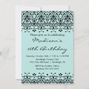 Sweet sixteen Sky Blue Damask Invitation d'anniver