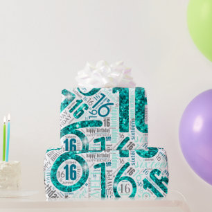 Sweet Sixteen Sparkle Word Cloud Blauwgroen White  Cadeaupapier