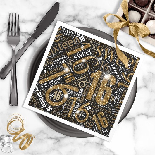Sweet Sixteen Sparkle Word Cloud Gold Blk ID265 Servetten