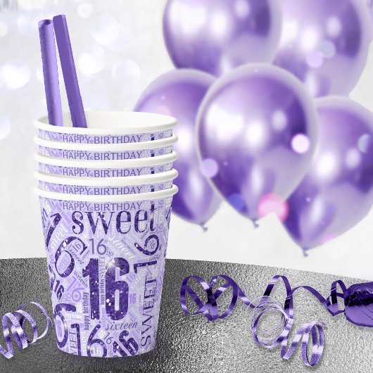 Sweet Sixteen Sparkle Word Cloud Paars ID265 Papieren Bekers