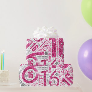 Sweet Sixteen Sparkle Word Cloud Pink White ID265 Cadeaupapier