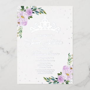 Sweet Sixteen Tiara Lavender Flowers Silver Folie Uitnodiging