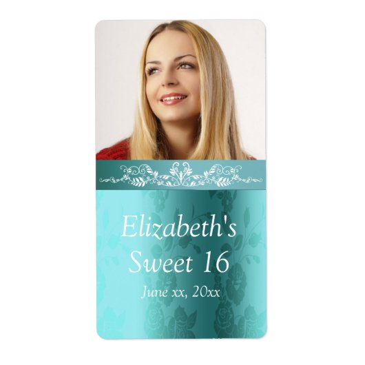 Sweet Sixteen, Turquoise Damast, Op Maat Etiket (Voorkant)