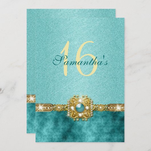 "sweet sixteen" turquoise goud 16 verjaardag kaart (Voorkant / Achterkant)