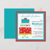 Sweet sixteen Turquoise & Red Cake Invitation d'an (Devant / Derrière)